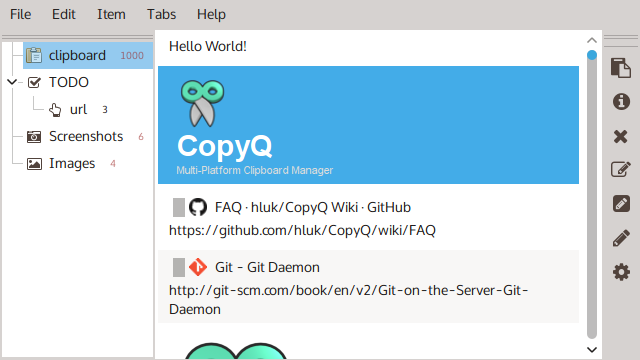 CopyQ clipboard manager main application window