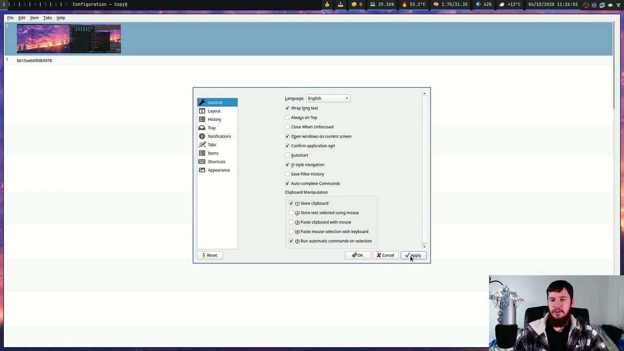 CopyQ configuration dialog showing General settings tab