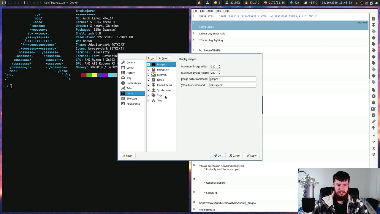 CopyQ Items configuration showing image display options