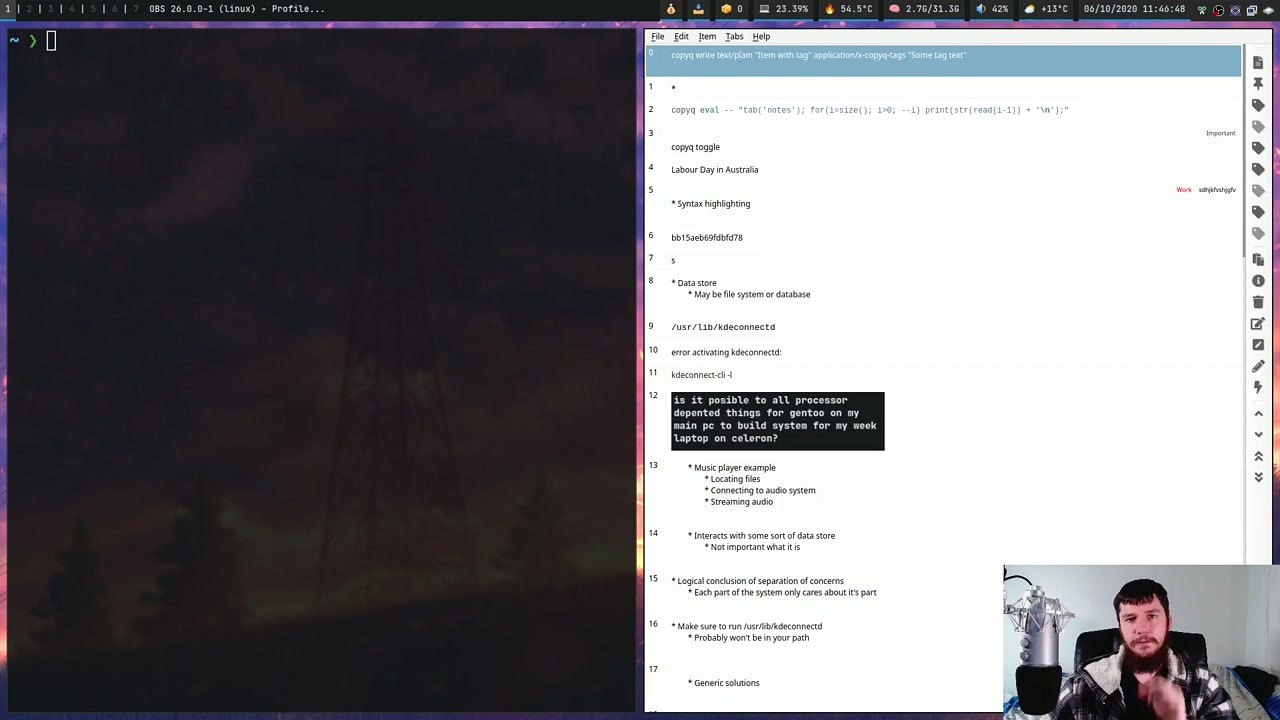 CopyQ showing clipboard items with search and tags functionality