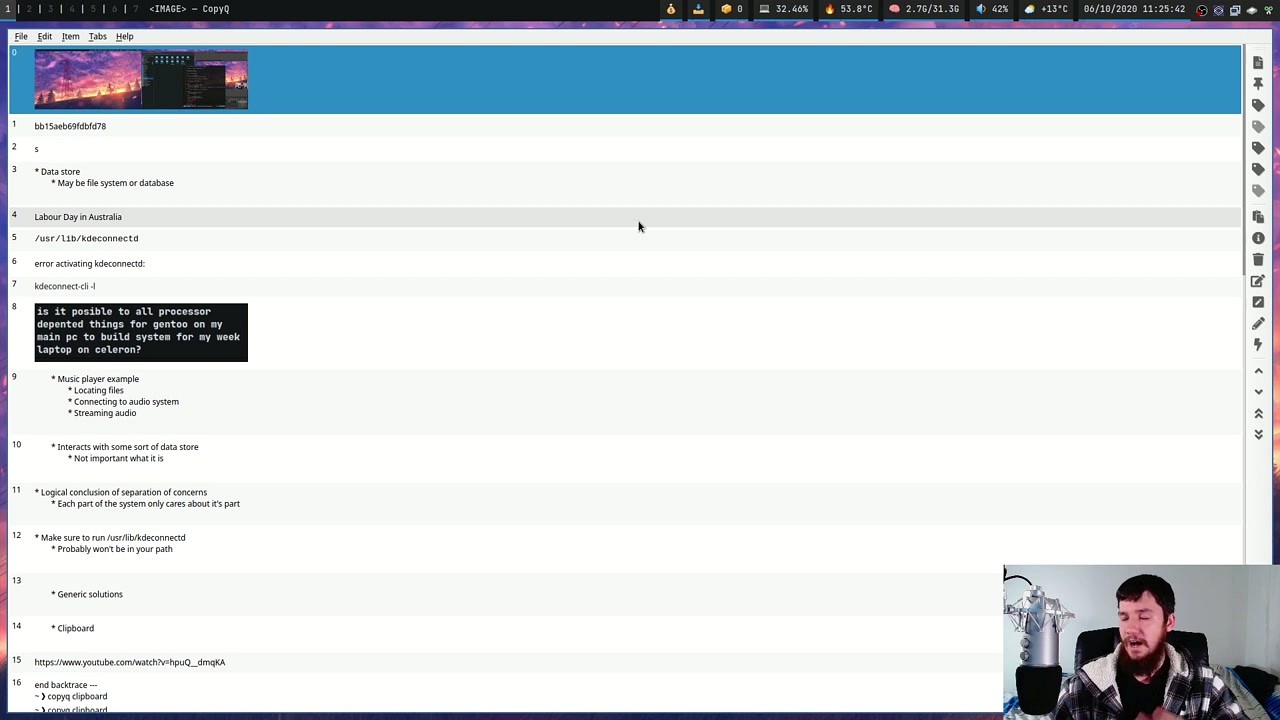 CopyQ main window showing clipboard history with various content types
