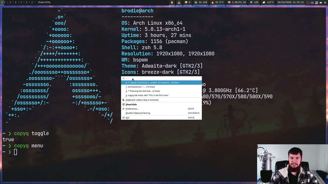 CopyQ tray menu showing quick access options