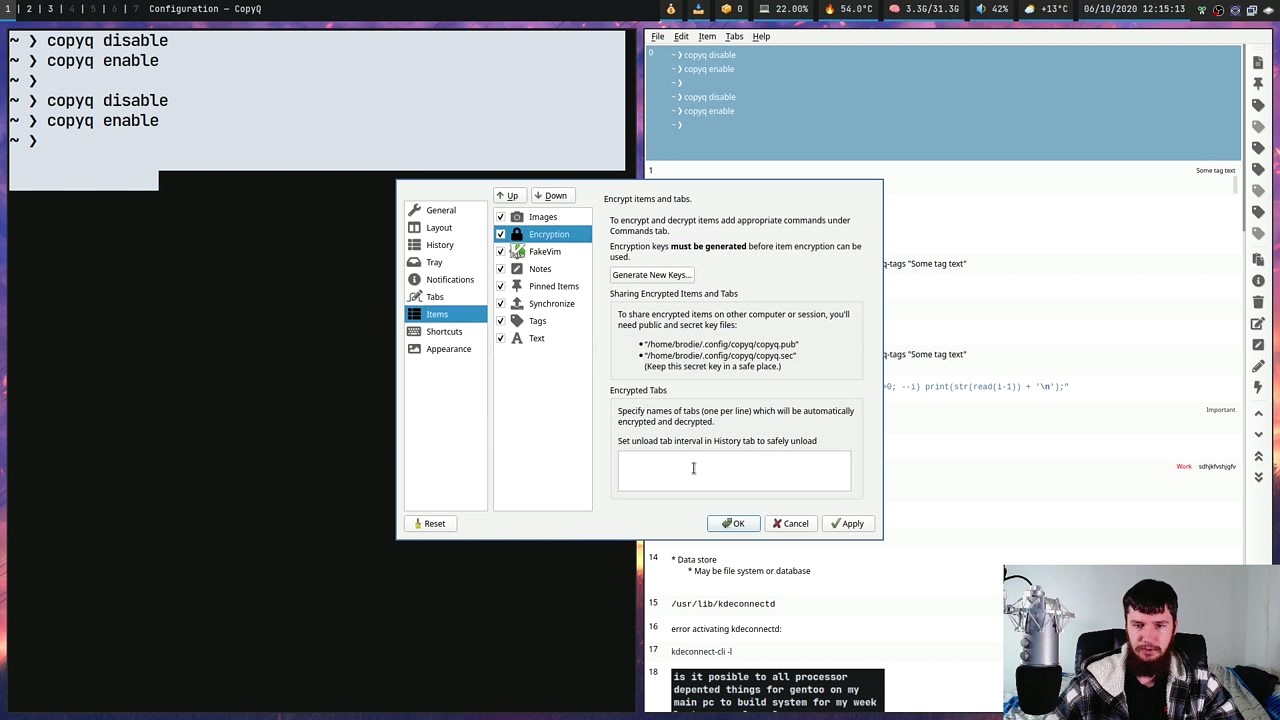 CopyQ encryption settings for securing clipboard items